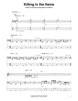 page one of Killing In The Name (Bass Guitar Tab)