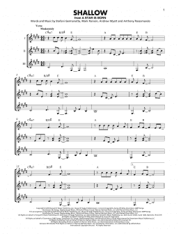 page one of Shallow (from A Star Is Born) (Guitar Ensemble)