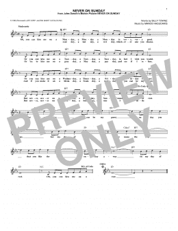 page one of Never On Sunday (Lead Sheet / Fake Book)