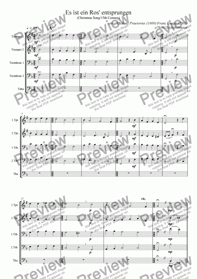 page one of Es ist ein Ros’ entsprungen (for Brassquintet)