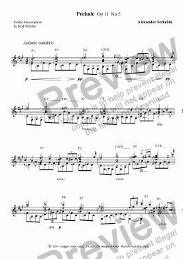 page one of Scriabin   Prelude  Op.11  No 5  (for solo classical guitar)   2pp