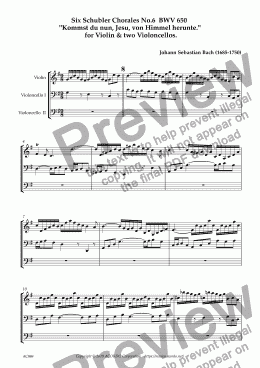 page one of Six Schubler Chorales No.6  BWV 650 "Kommst du nun, Jesu, von Himmel herunte."  for Violin & two Violoncellos.