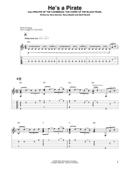 page one of He's A Pirate (from Pirates Of The Caribbean: The Curse of the Black Pearl) (Solo Guitar)