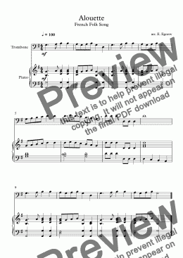 page one of Alouette, French Folk Song, For Trombone & Piano