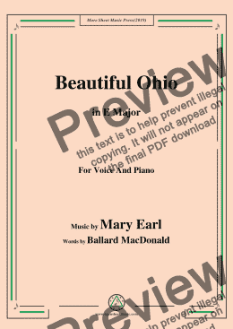 page one of Mary Earl-Beautiful Ohio,in E Major,for Voice and Piano