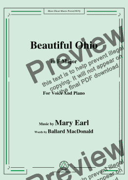 page one of Mary Earl-Beautiful Ohio,in F Major,for Voice and Piano