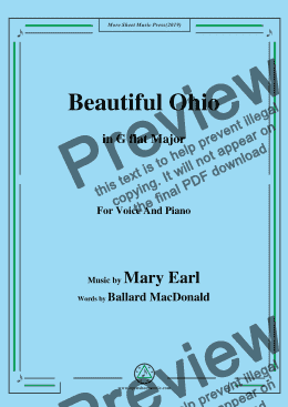 page one of Mary Earl-Beautiful Ohio,in G flat Major,for Voice and Piano