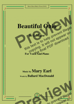 page one of Mary Earl-Beautiful Ohio,in G Major,for Voice and Piano