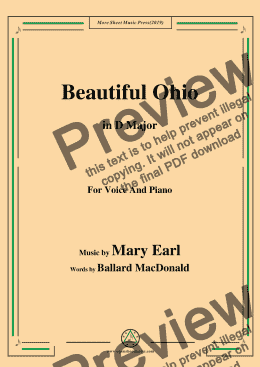 page one of Mary Earl-Beautiful Ohio,in D Major,for Voice and Piano