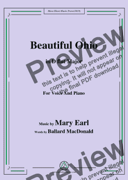 page one of Mary Earl-Beautiful Ohio,in D flat Major,for Voice and Piano