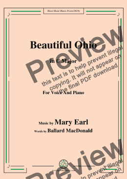page one of Mary Earl-Beautiful Ohio,in C Major,for Voice and Piano