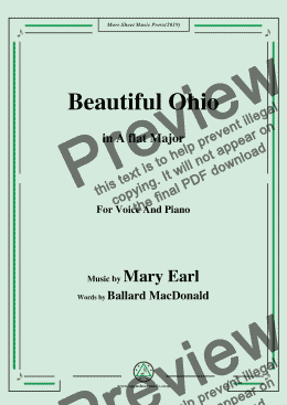 page one of Mary Earl-Beautiful Ohio,in A flat Major,for Voice and Piano