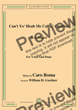 page one of Caro Roma-Can't Yo' Heah Me Callin' Caroline,in A Major,for Voice and Piano