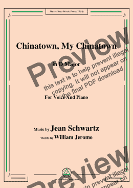 page one of Jean Schwartz-Chinatown,My Chinatown,in D Major,for Voice and Piano