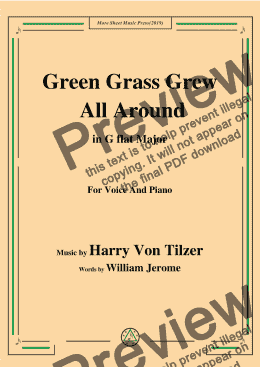 page one of Harry Von Tilzer-Green Grass Grew All Around,in G flat Major,for Voice&Pno