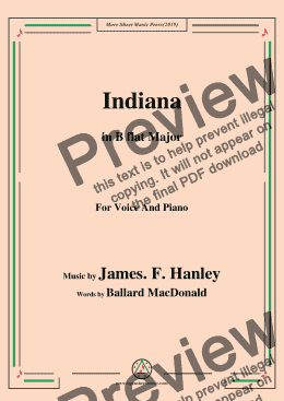 page one of James F. Hanley-Indiana,in B flat Major,for Voice and Piano