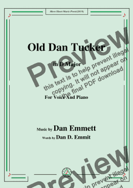 page one of Dan Emmett-Old Dan Tucker,in D Major,for Voice and Piano