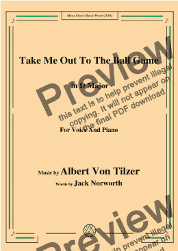 page one of Albert Von Tilzer-Take Me Out To The Ball Game,in D Major,for Voice and Piano