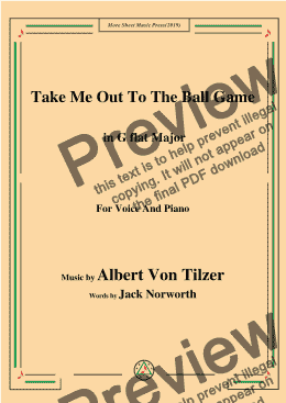 page one of Albert Von Tilzer-Take Me Out To The Ball Game,in G flat Major,for Voice and Piano