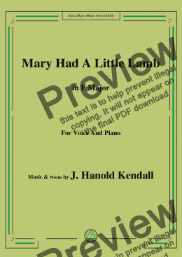 page one of J. Hanold Kendall-Mary Had A Little Lamb,in F Major,for Voice and Piano