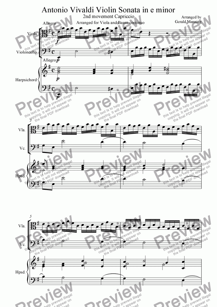 page one of VIVALDI, A.Violin Sonata IX in e minor transcribed for Viola 2nd movement Capriccio
