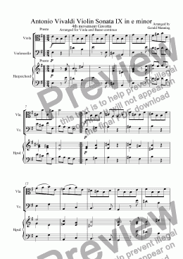 page one of VIVALDI, A.Violin Sonata IX in e minor transcribed for Viola 4th movement Gavotta