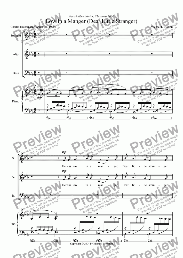 page one of Low in a Manger (Dear Little Stranger) [SAB with piano]