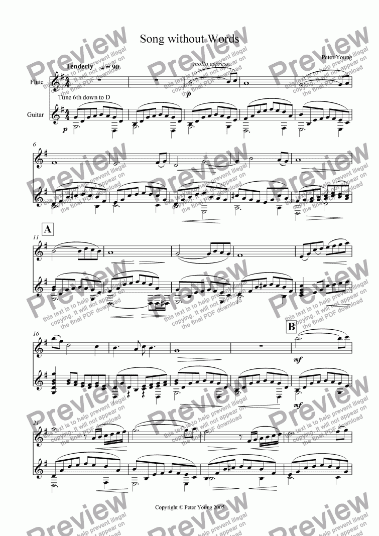 page one of Song Without Words (Flute and Guitar)