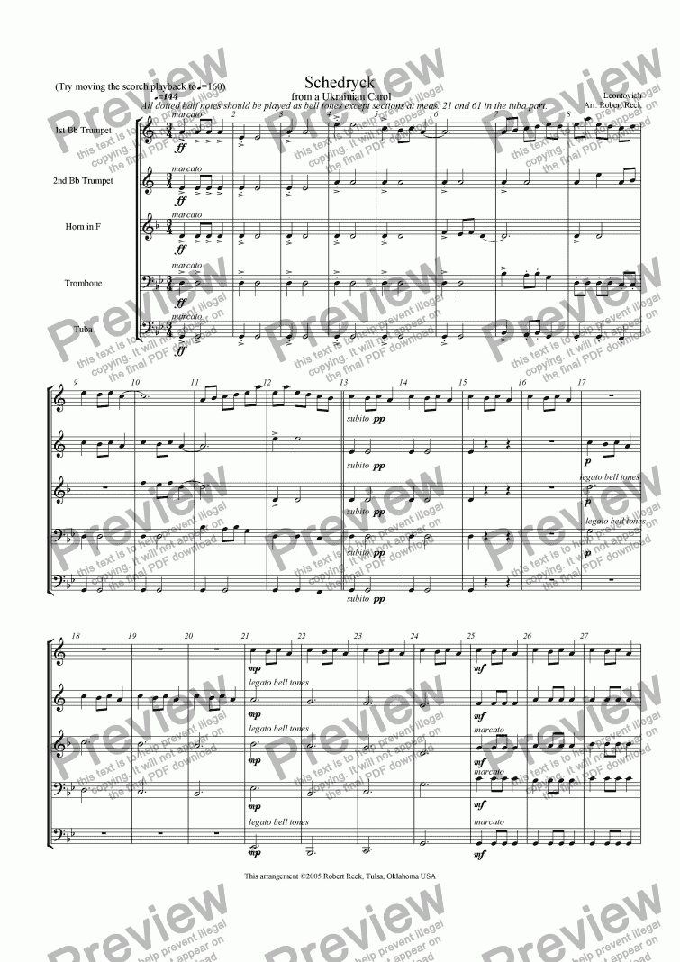 page one of Carol of the Bells-Brass quintet or sextet