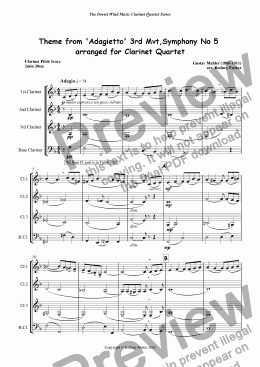 page one of Theme from 'Adagietto' 3rd Mvt, Symphony No 5 arr for Clarinet Quartet