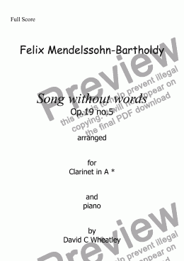 page one of Mendelssohn - Song without words op 19 no 5 for clarinet in A and piano arranged by David Wheatley