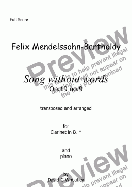 page one of Mendelssohn - Song without words op 19 no 9 for clarinet in Bb and piano arranged by David Wheatley