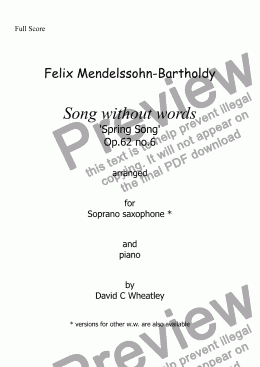 page one of Mendelssohn - Song without words op 62 no 6 'Spring Song' for soprano saxophone and piano