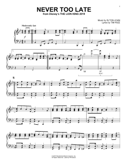 page one of Never Too Late (from The Lion King 2019) (Piano Solo)