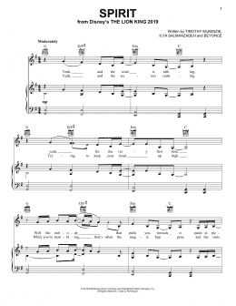 page one of Spirit (from The Lion King 2019) (Piano, Vocal & Guitar Chords (Right-Hand Melody))