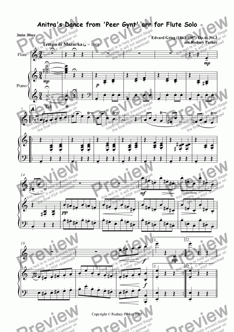 page one of Anitra's Dance from 'Peer Gynt' arr for Flute Solo