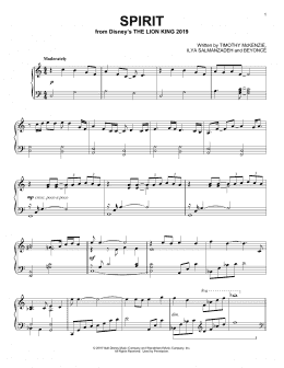 page one of Spirit (from The Lion King 2019) (Piano Solo)