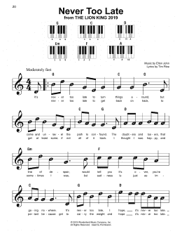 page one of Never Too Late (from The Lion King 2019) (Super Easy Piano)