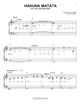 page one of Hakuna Matata (from The Lion King 2019) (Easy Piano)
