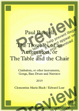 page one of The Troubles of an Automaton, or The Table and the Chair - for Cimbalom, Gongs, Bass Drum and Narrator
