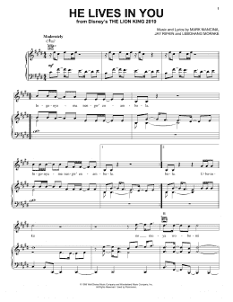 page one of He Lives In You (from The Lion King 2019) (Piano, Vocal & Guitar Chords (Right-Hand Melody))