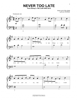 page one of Never Too Late (from The Lion King 2019) (Beginning Piano Solo)