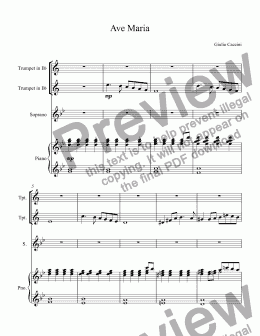 page one of Caccini - Ave Maria - 2 trumpets, soprano voice, piano