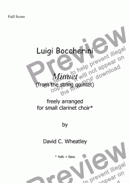 page one of Boccherini - Minuet (from the string quintet)  freely arranged for small clarinet choir