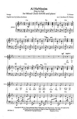 page one of Al HaNissim (Sing to God) (arr. Joshua R. Jacobson and Hankus Netsky) (SATB Choir)