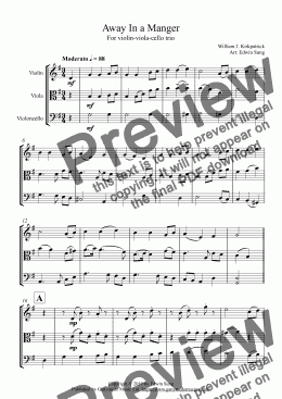 page one of Away In a Manger for string trio (violin-viola-cello)