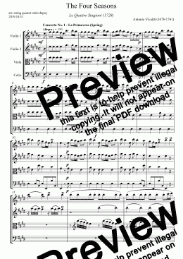 page one of Vivaldi - Four Seasons -  Spring Printemps 四季 協奏曲第1番ホ長調 RV 269「春」 (ヴィヴァルディ) 四重奏 - String quartet - PDF