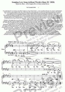 page one of Songhua Love Song (without Words) (Opus 20 / 2020) (Black-Key Blues:  on the Songhua River (China), around Dawn)  Vic Carnall (1945-       )  Vic Carnall's Opus 20 - for solo piano, and entitled "Songhua Love Song (without Words)" -  is most respectfully 