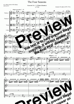 page one of Vivaldi - Four Seasons - Estate Summer Été 四季 協奏曲第2番ト短調 RV 315「夏」 (ヴィヴァルディ) - 四重奏 - String quartet - PDF