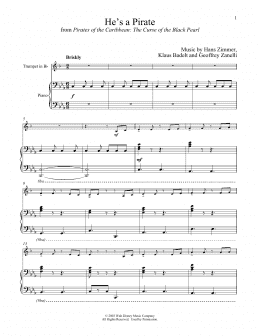page one of He's A Pirate (from Pirates Of The Caribbean: The Curse of the Black Pearl) (Trumpet and Piano)